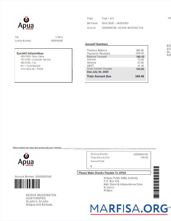 Downloadable ANTIGUA AND BARBUDA APUA utility bill Word and PDF template